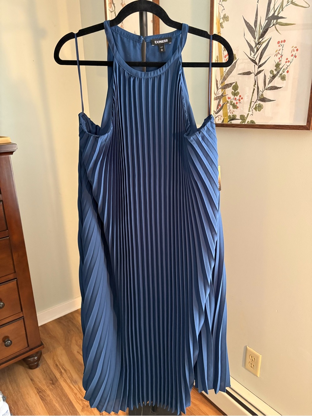 Express Blue Pleated Halter Midi Dress